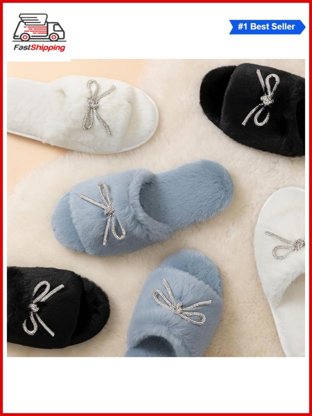 โจ Fuzzy Open Toe House Slippers with Rhinestone Bow - Picture 2 of 6
